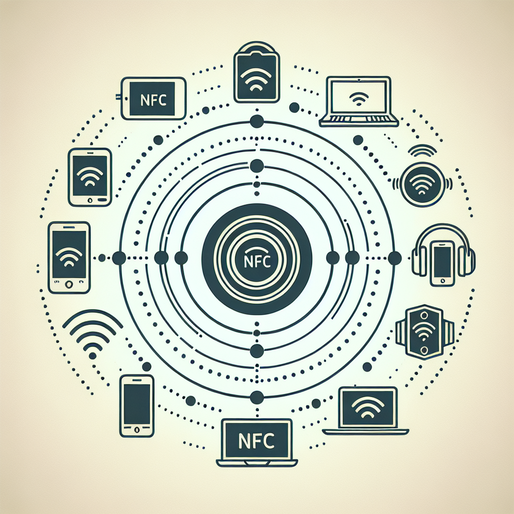 Alt text: "Ilustrasi penggunaan teknologi NFC untuk menghubungkan perangkat nirkabel, menampilkan ikon NFC dan perangkat mobile yang terhubung secara langsung."