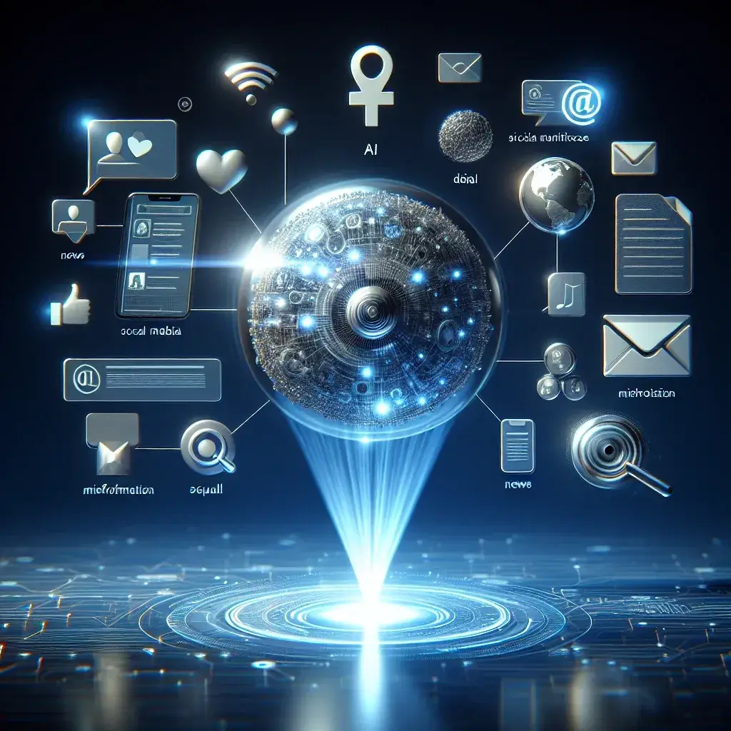 "Ilustrasi platform berbasis AI yang digunakan untuk mendeteksi dan mencegah misinformasi online, menampilkan grafik dan algoritma analitik yang menunjukkan bagaimana teknologi ini mengidentifikasi berita palsu."