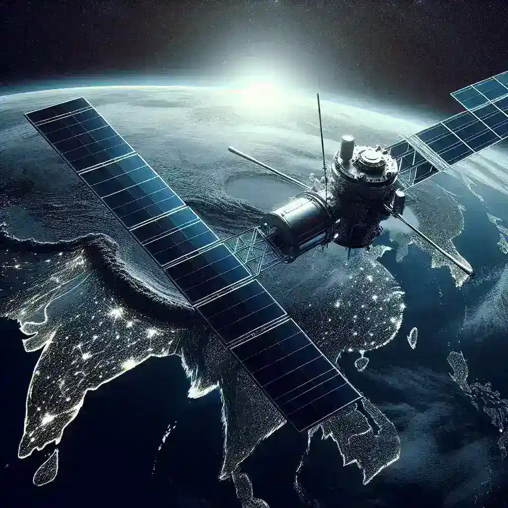 "Visualisasi infrastruktur satelit Satria-2 yang sedang dalam proses tender, dijadwalkan mulai pertengahan tahun 2026, menggambarkan teknologi canggih dan inovasi dalam komunikasi satelit di Indonesia."
