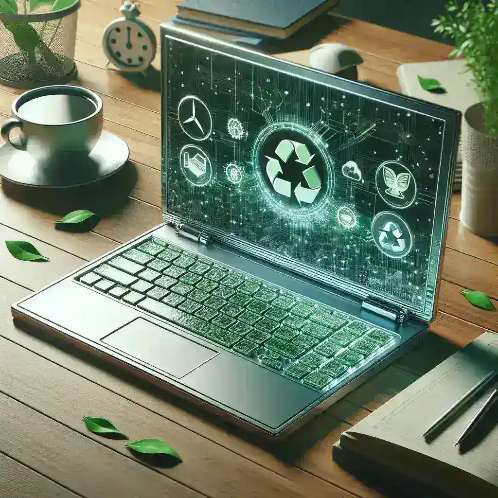 "HP laptop featuring environmentally-friendly design made from recycled aluminum, showcasing sustainability in technology innovations."